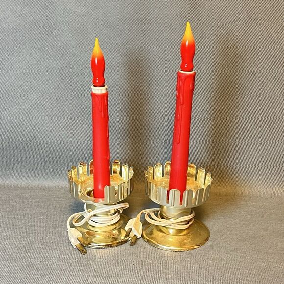 Vntg 2 Electric Christmas Candle Hurricane Lamps Tapered-Works-Tested-No Glass - Picture 12 of 12